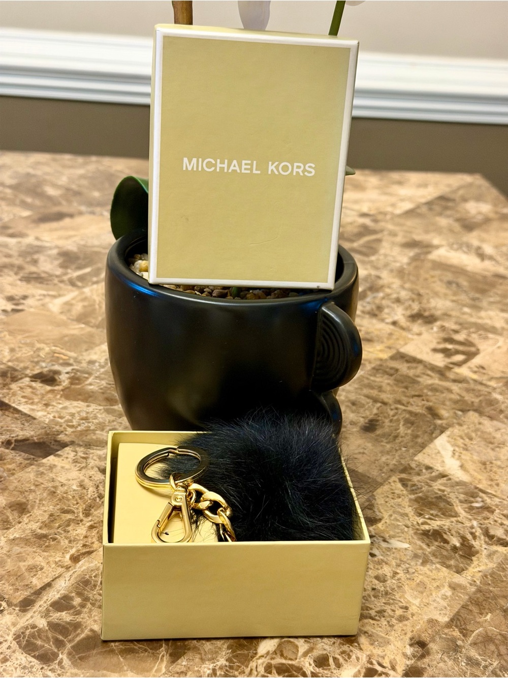New Michael Kors Black Fur Pom Pom Bag Charm Key Ring with Gold Hardware - Picture 6 of 6